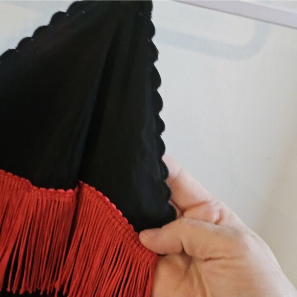 VTG 1950s Black Flapper Slip dress Red Fringe Mod Cosplay Knee Length Sz XS / S - Picture 9 of 10